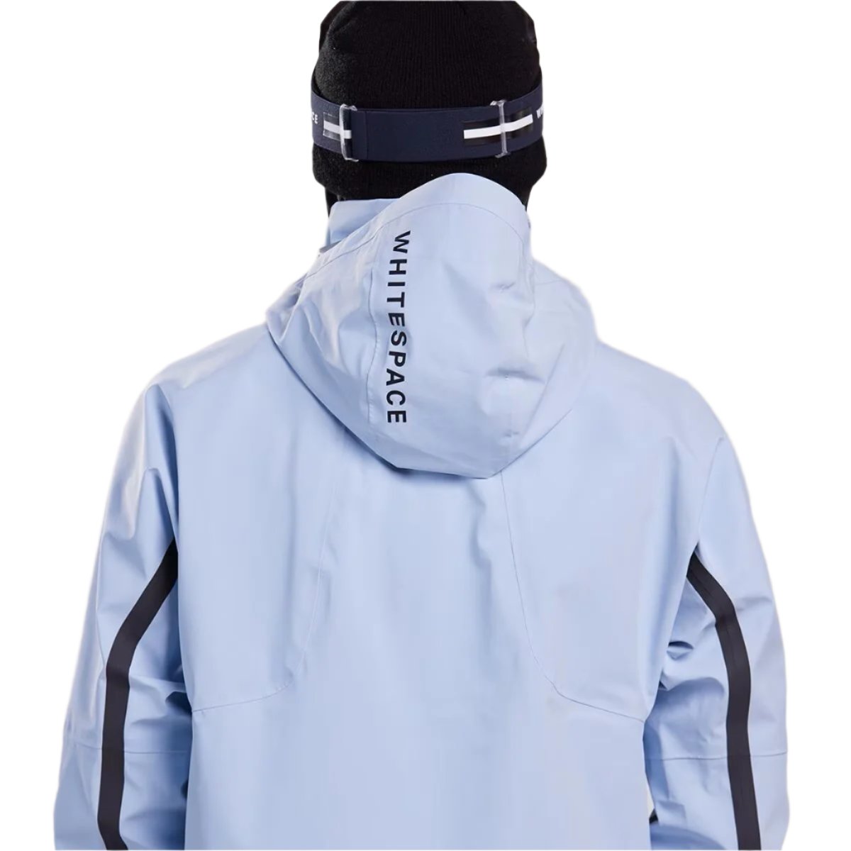 Whitespace 3L Performance Snowboard Jacket 2024 - A light blue snowboard jacket with a hood and black stripes on the sleeves.