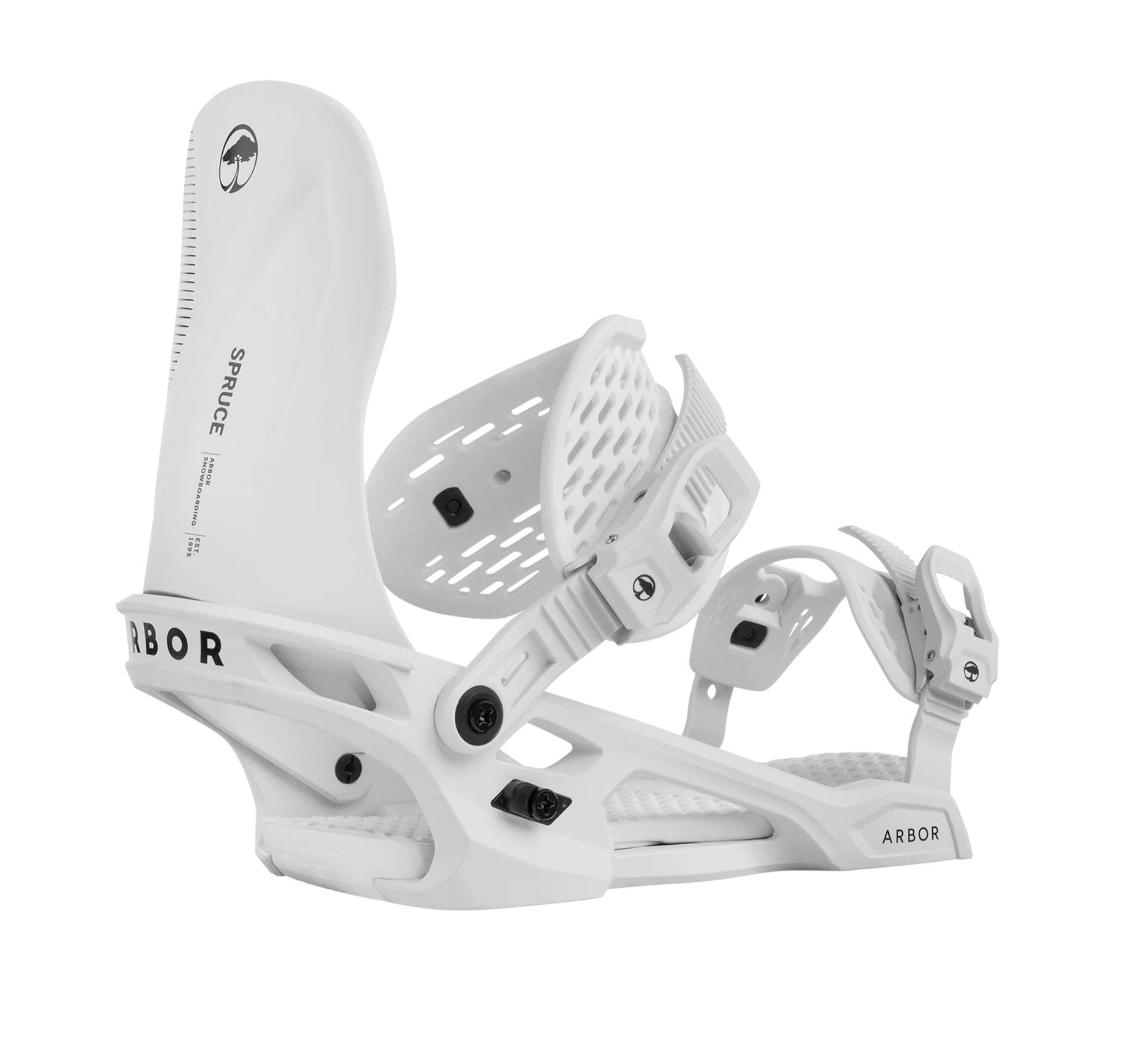 Arbor Spruce Snowboard Binding 2025 - White snowboard bindings with black buckles and straps.