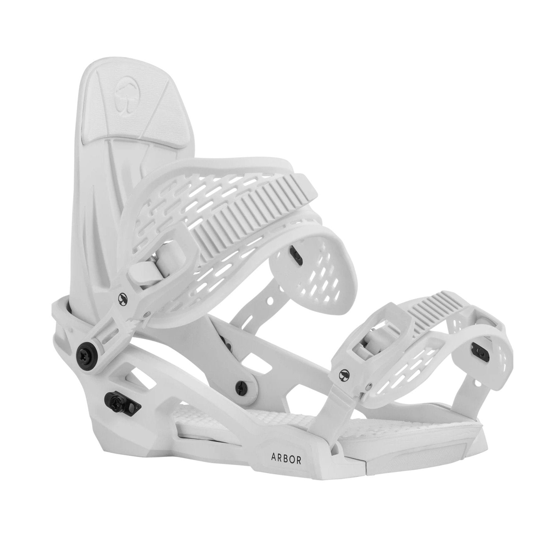 Arbor Spruce Snowboard Binding 2025 - White snowboard bindings with black buckles and straps.