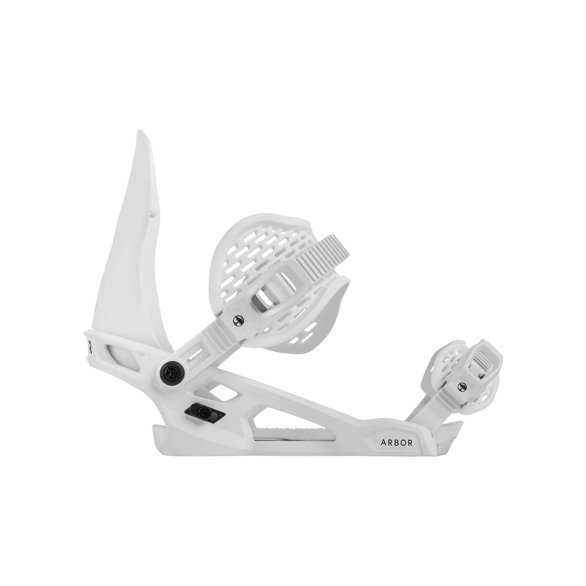 Arbor Spruce Snowboard Binding 2025 - White snowboard bindings with black buckles and straps.