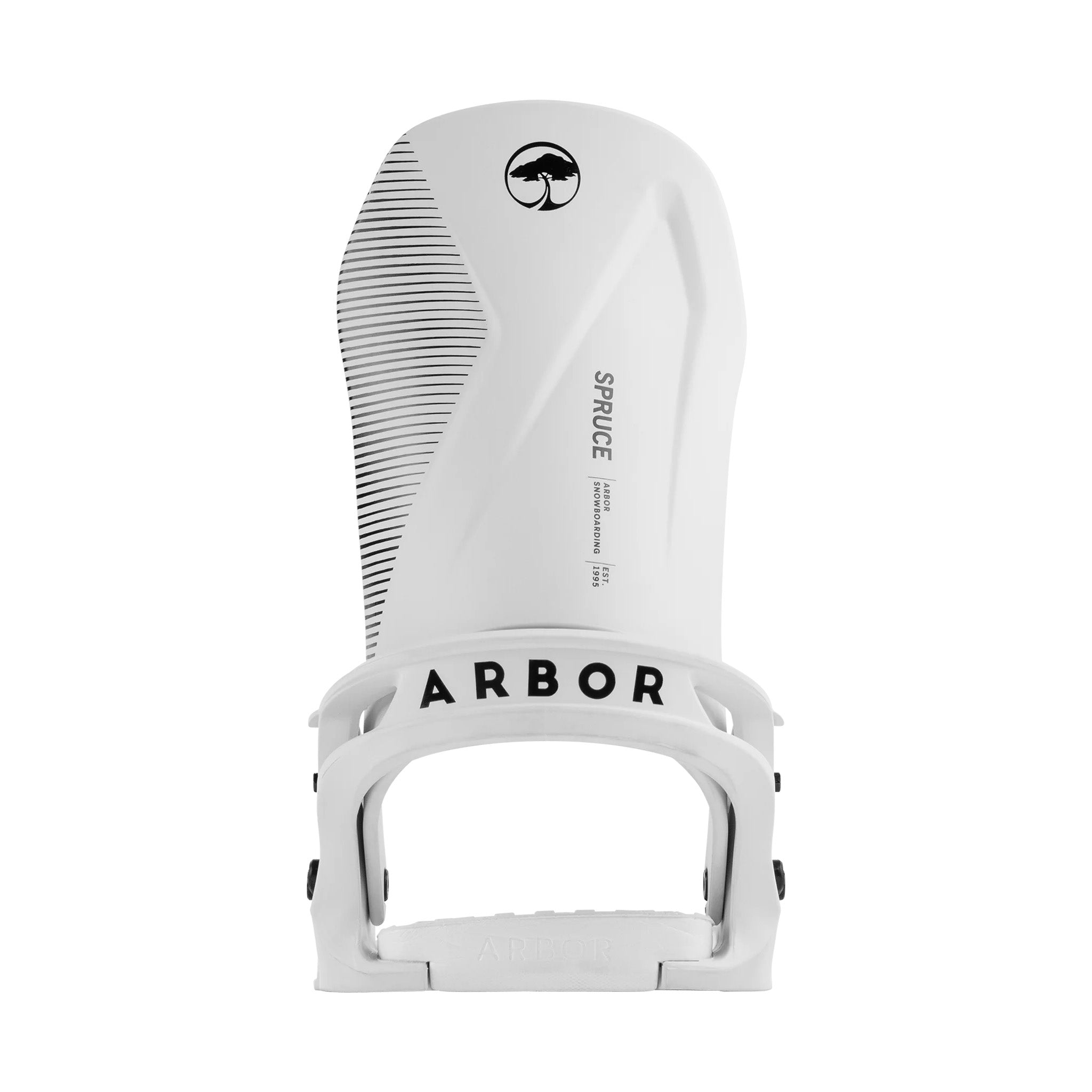 Arbor Spruce Snowboard Binding 2025 - A white snowboard binding with a black logo featuring an arched tree silhouette at the top of the board.