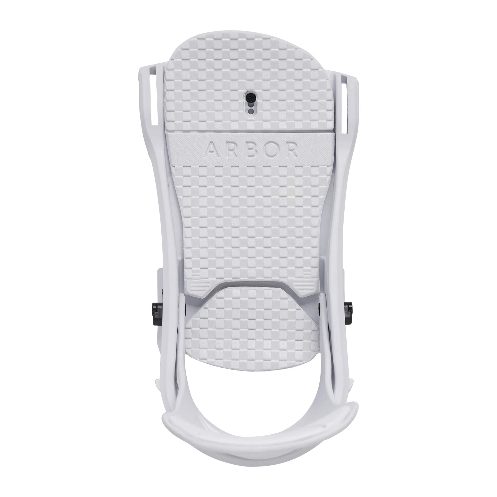 Arbor Spruce Snowboard Binding - A white snowboard binding with a checkered pattern on top and black screws.