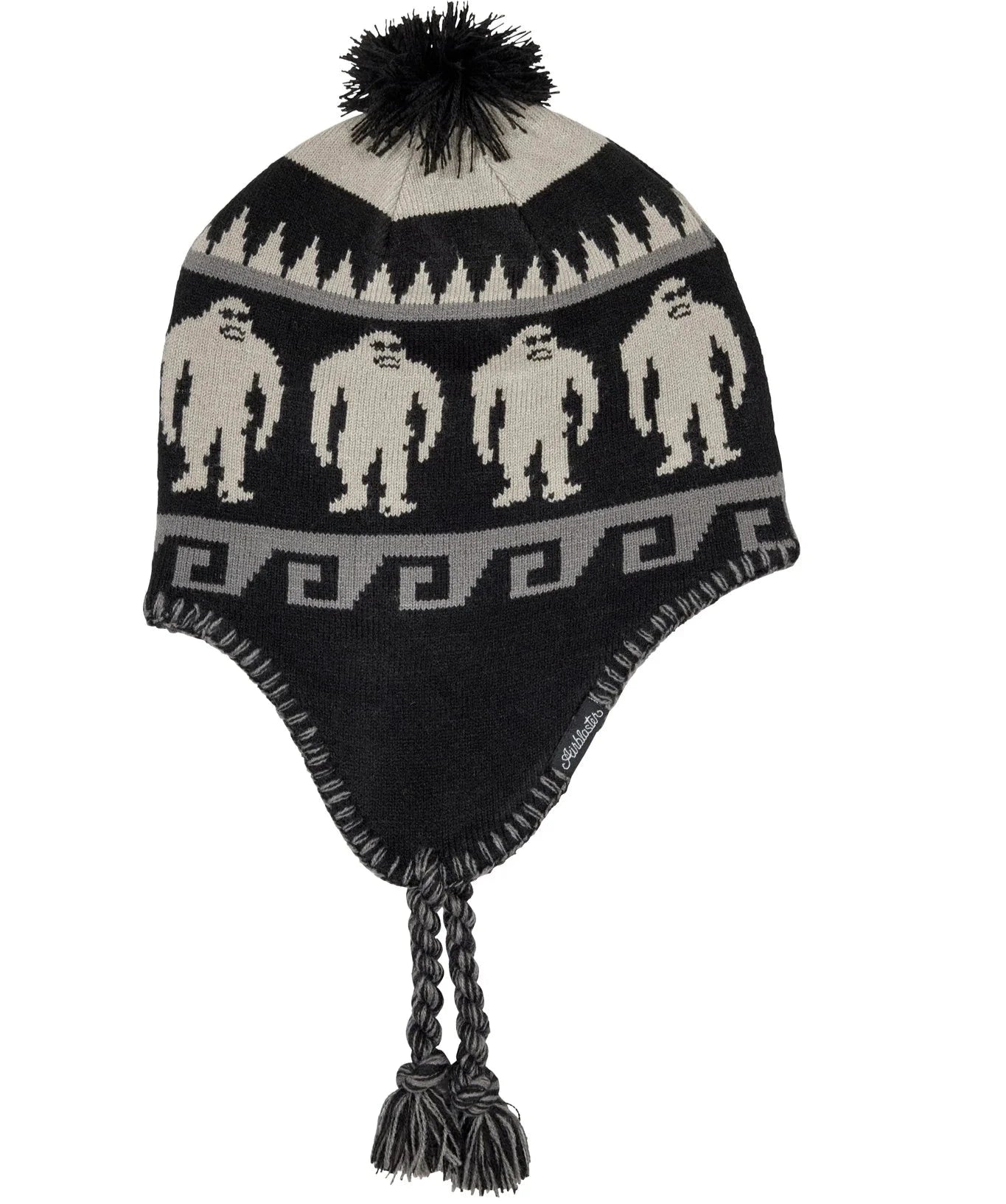 Airblaster Squatchamama Knit Beanie 2025 - A black beanie with a repeating pattern of white yeti-like creatures and trees in a geometric style.