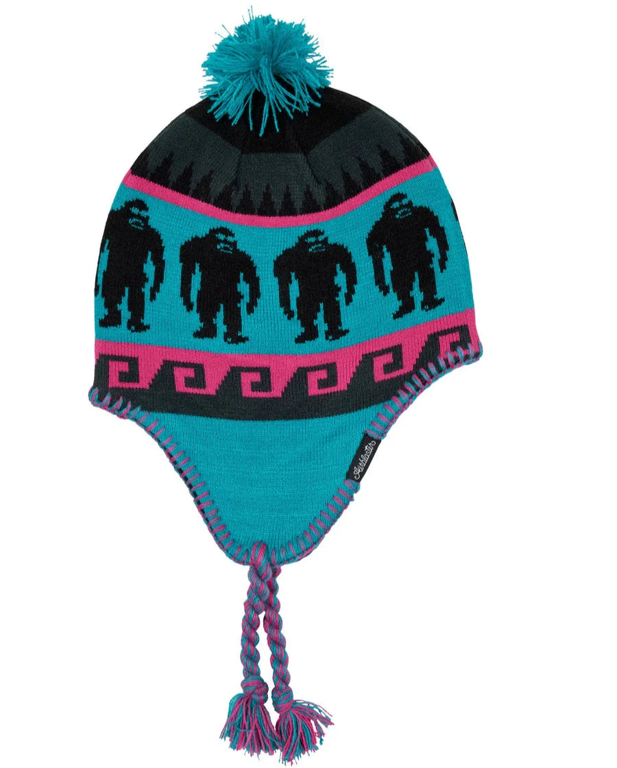 Airblaster Squatchamama Knit Beanie 2025 - A teal beanie with a pink stripe and black squatches.
