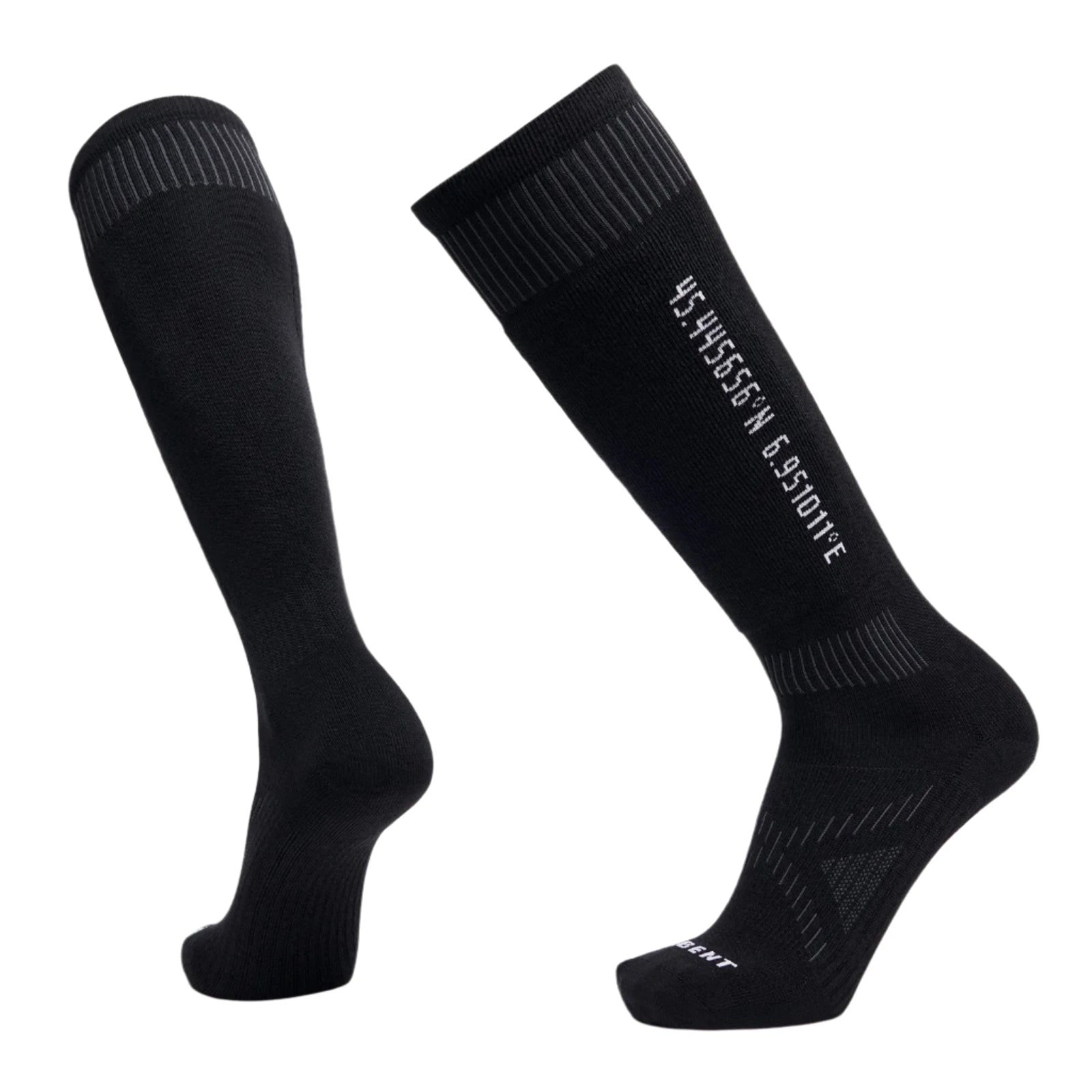Le Bent Core Targeted Cushion Snow Sock 2025 - Black snow socks with white text and thin gray stripes on top cuff.
