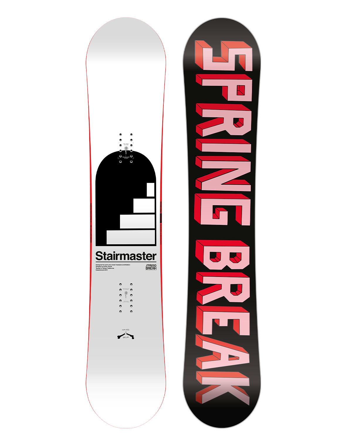 CAPiTA Spring Break Stairmaster 2026 - A black snowboard with a white and red logo on top of a staircase design.