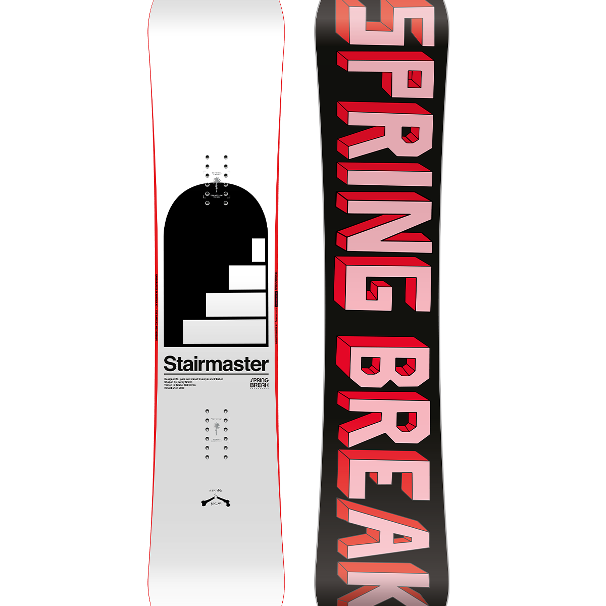 CAPiTA Spring Break Stairmaster 2026 - A black snowboard with a white and red logo on top of a staircase design.