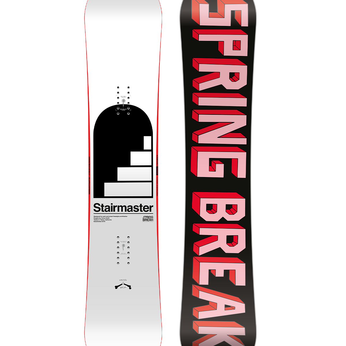 CAPiTA Spring Break Stairmaster 2026 - A black snowboard with a white and red logo on top of a staircase design.
