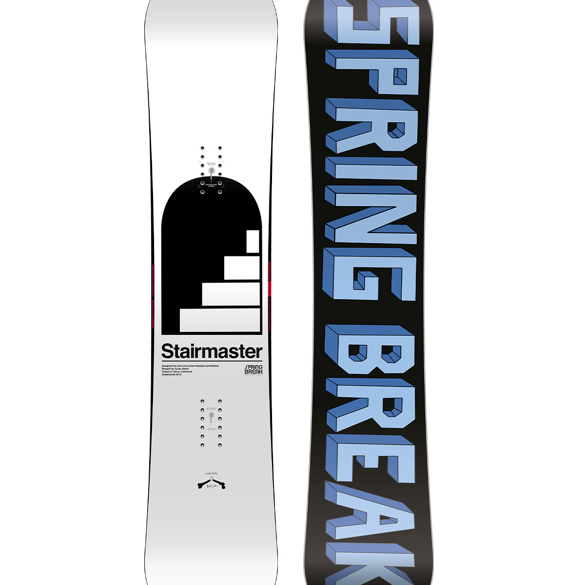 CAPiTA Spring Break Stairmaster 2026 - A black snowboard with a white and red logo on top of a staircase graphic.