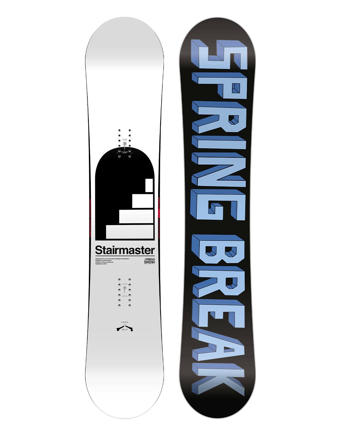 CAPiTA Spring Break Stairmaster 2026 - A black snowboard with a white and red logo on top of a staircase graphic.