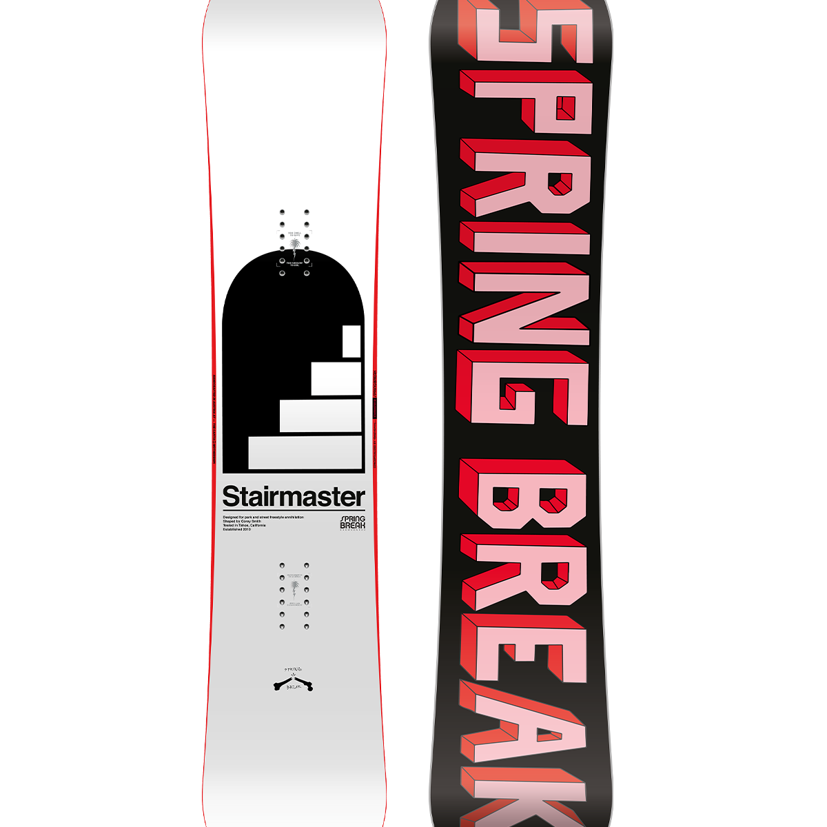 CAPiTA Spring Break Stairmaster 2026 - A black snowboard with a white and red logo on top of a staircase design.