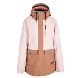 Airblaster Women's Stay Wild Insulated Jacket 2025 - A light pink and tan jacket with a hood, featuring black drawstrings and silver snaps.