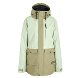 Airblaster Women's Stay Wild Insulated Jacket 2025 - A light green and tan insulated jacket with a hood, featuring two zippered pockets on the front.