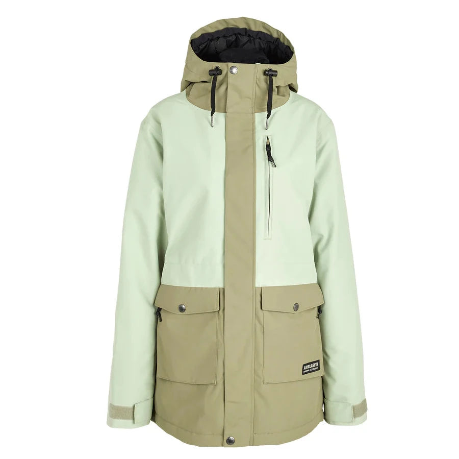 Airblaster Women's Stay Wild Insulated Jacket 2025 - A light green and tan insulated jacket with a hood, featuring two zippered pockets on the front.