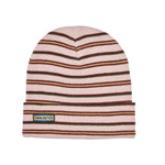 Airblaster Stripe Beanie 2025 - A light pink beanie with thin horizontal stripes in green, maroon, and yellow.