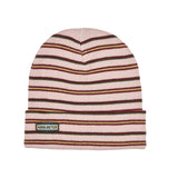 Airblaster Stripe Beanie 2025 - A light pink beanie with thin horizontal stripes in green, maroon, and yellow.