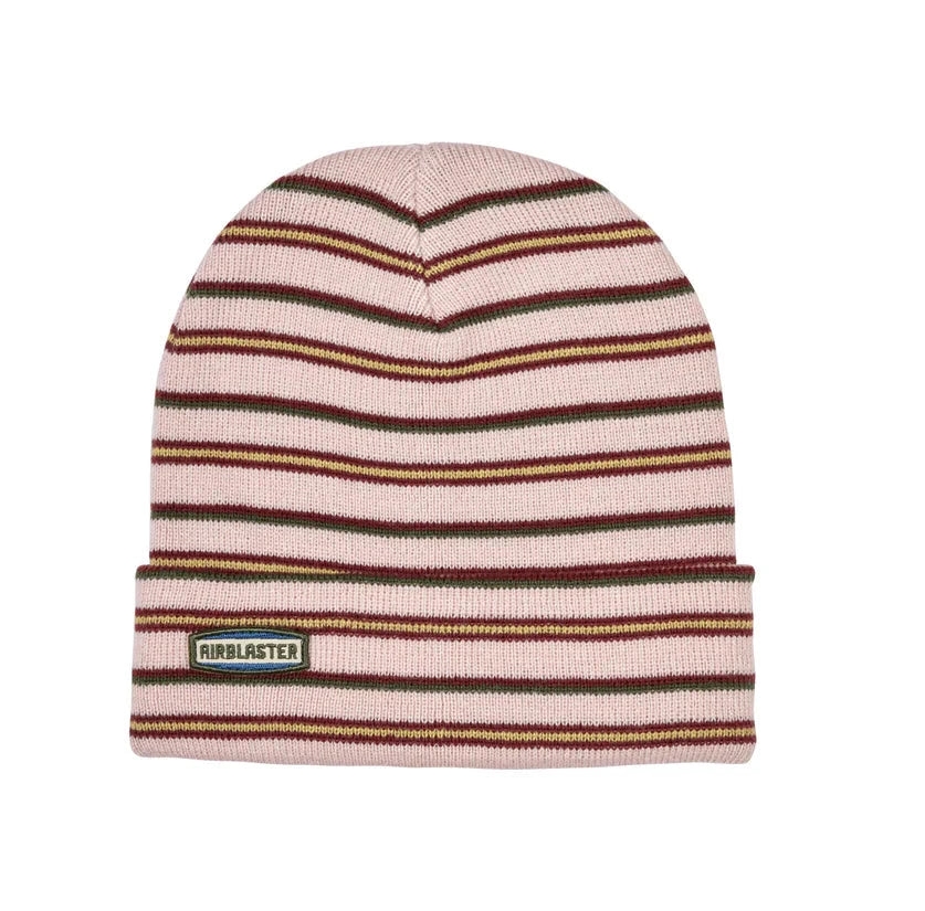 Airblaster Stripe Beanie 2025 - A light pink beanie with thin horizontal stripes in green, maroon, and yellow.