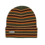 Airblaster Stripe Beanie 2025 - A green beanie with horizontal stripes in brown, orange, and cream.
