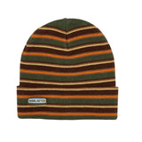 Airblaster Stripe Beanie 2025 - A green beanie with horizontal stripes in brown, orange, and cream.