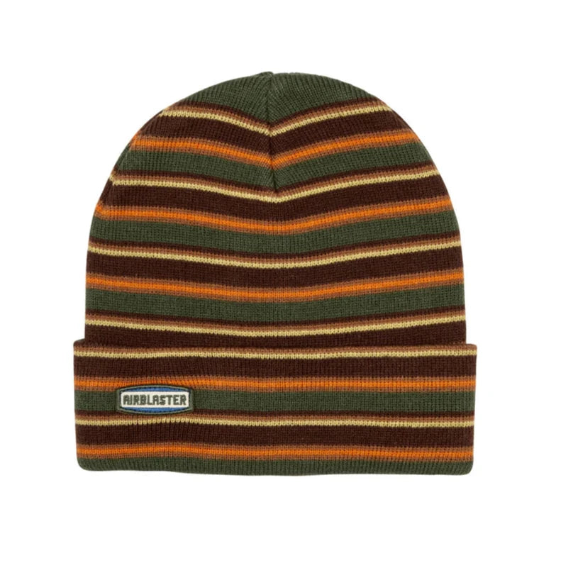 Airblaster Stripe Beanie 2025 - A green beanie with horizontal stripes in brown, orange, and cream.