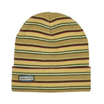 Airblaster Stripe Beanie 2025 - A tan beanie with horizontal stripes in dark green, maroon, and off-white.