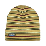 Airblaster Stripe Beanie 2025 - A tan beanie with horizontal stripes in dark green, maroon, and off-white.