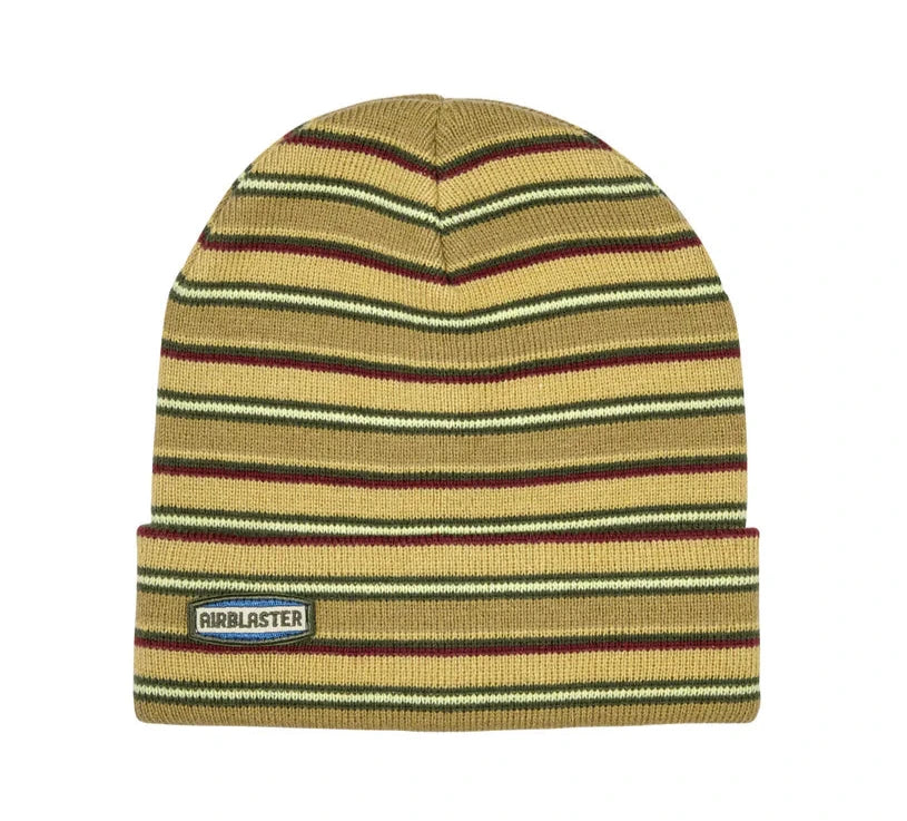 Airblaster Stripe Beanie 2025 - A tan beanie with horizontal stripes in dark green, maroon, and off-white.