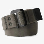 FIELD BELT - A khaki-colored belt with a woven pattern, featuring a black buckle and a rectangular tag on the end.