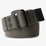 FIELD BELT - A khaki-colored belt with a woven pattern, featuring a black buckle and a rectangular tag on the end.