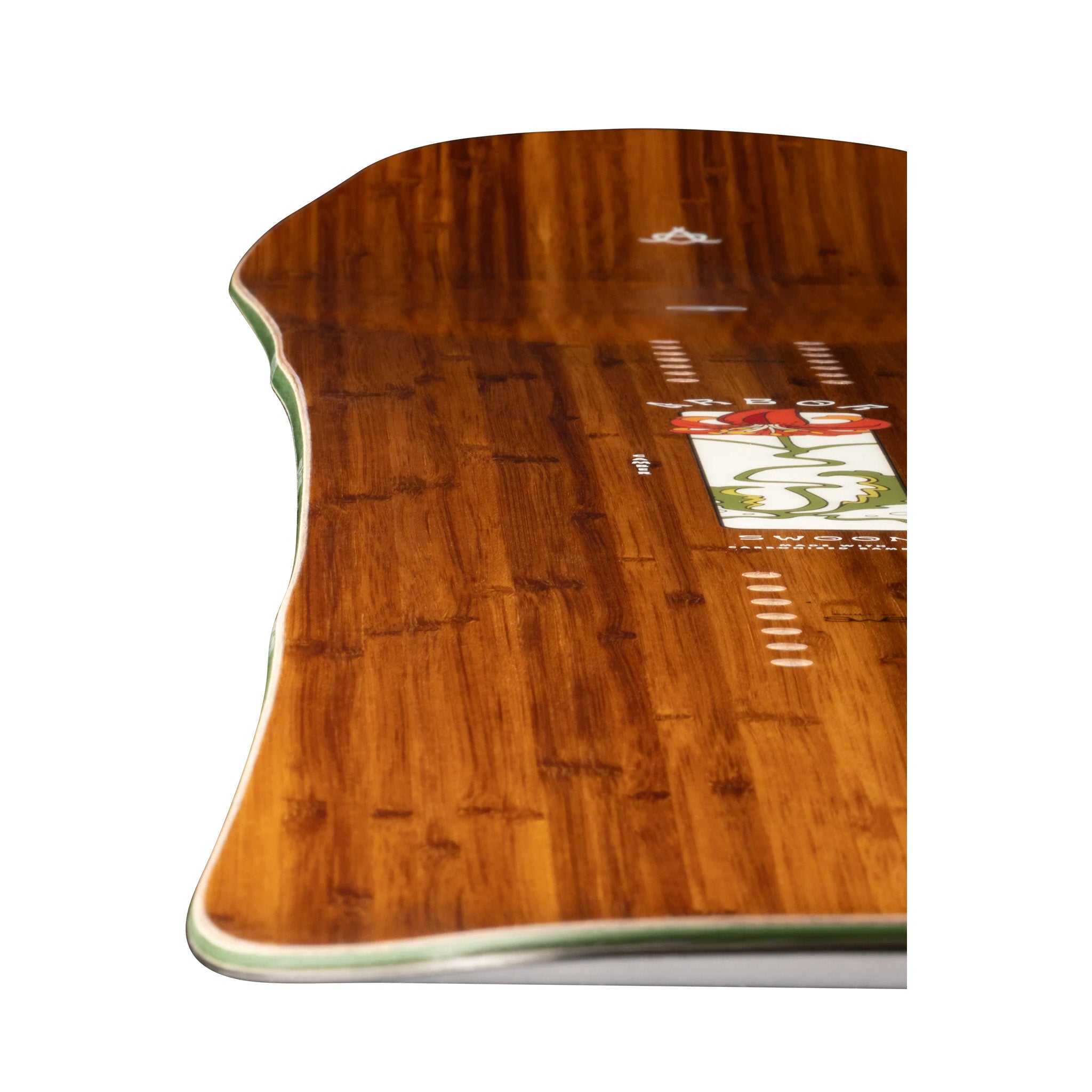 Arbor Women's Swoon Camber Snowboard 2025 - A brown snowboard with a white logo and red flowers on top of it.