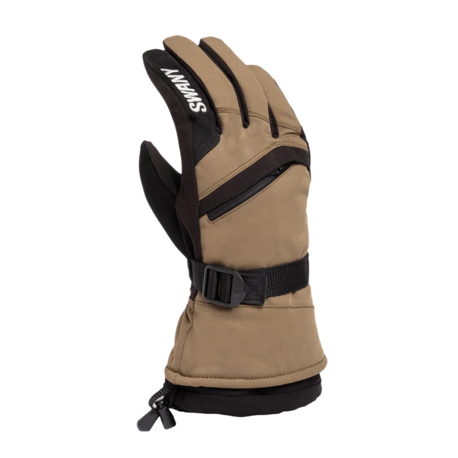Swany Women's X-Over Glove - A tan glove with black accents and a zippered pocket on the back of the hand.
