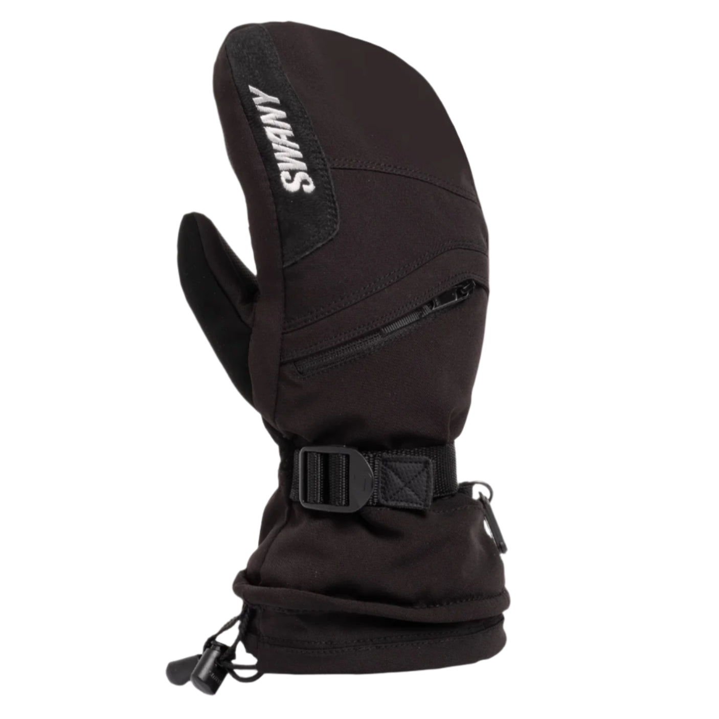 Swany X-Over Mitt 2025 - A black mitt with a zippered pocket on the back and a strap that wraps around the wrist for secure closure.