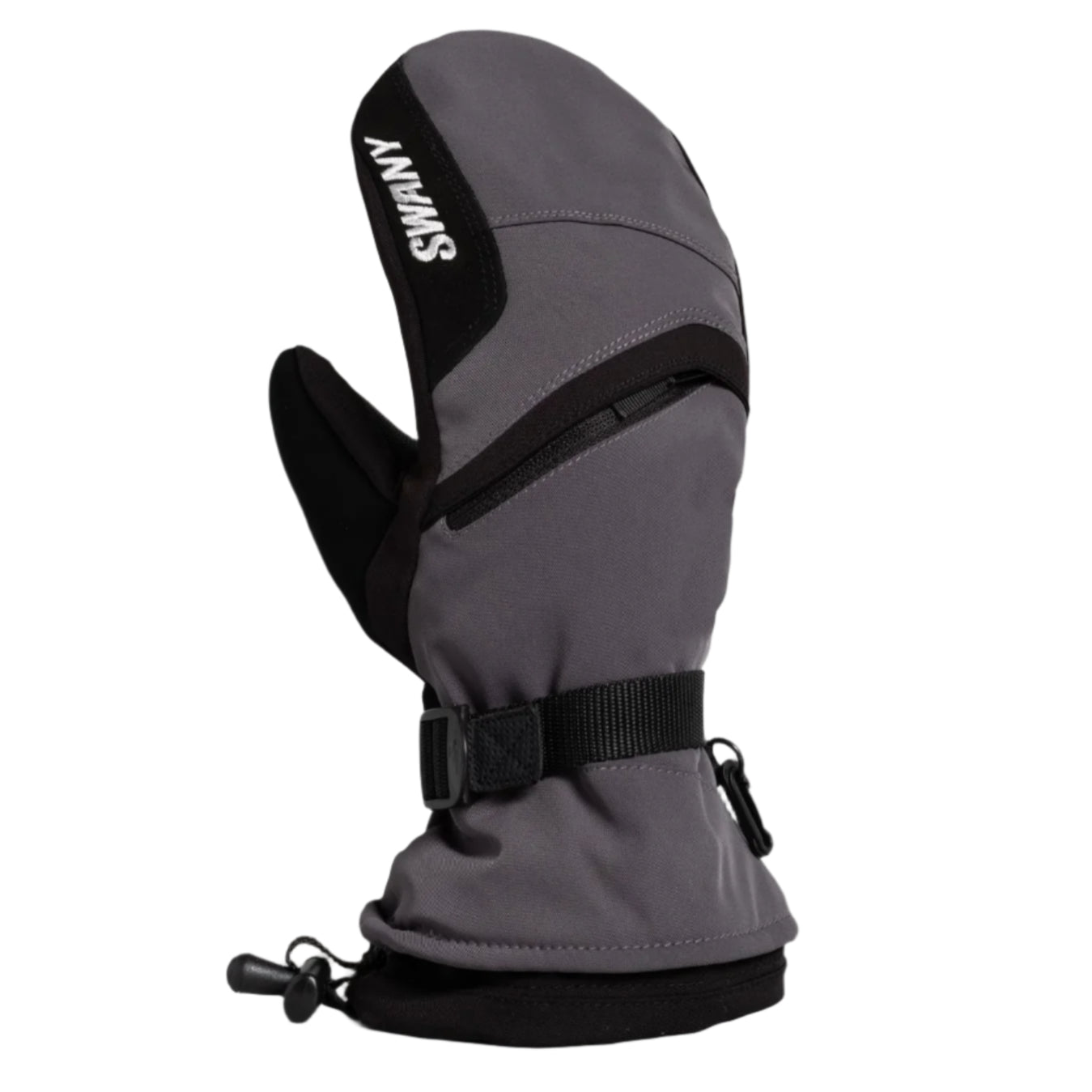 Swany X-Over Mitt 2025 - A gray mitt with a black strap and white lettering on the back of the hand.