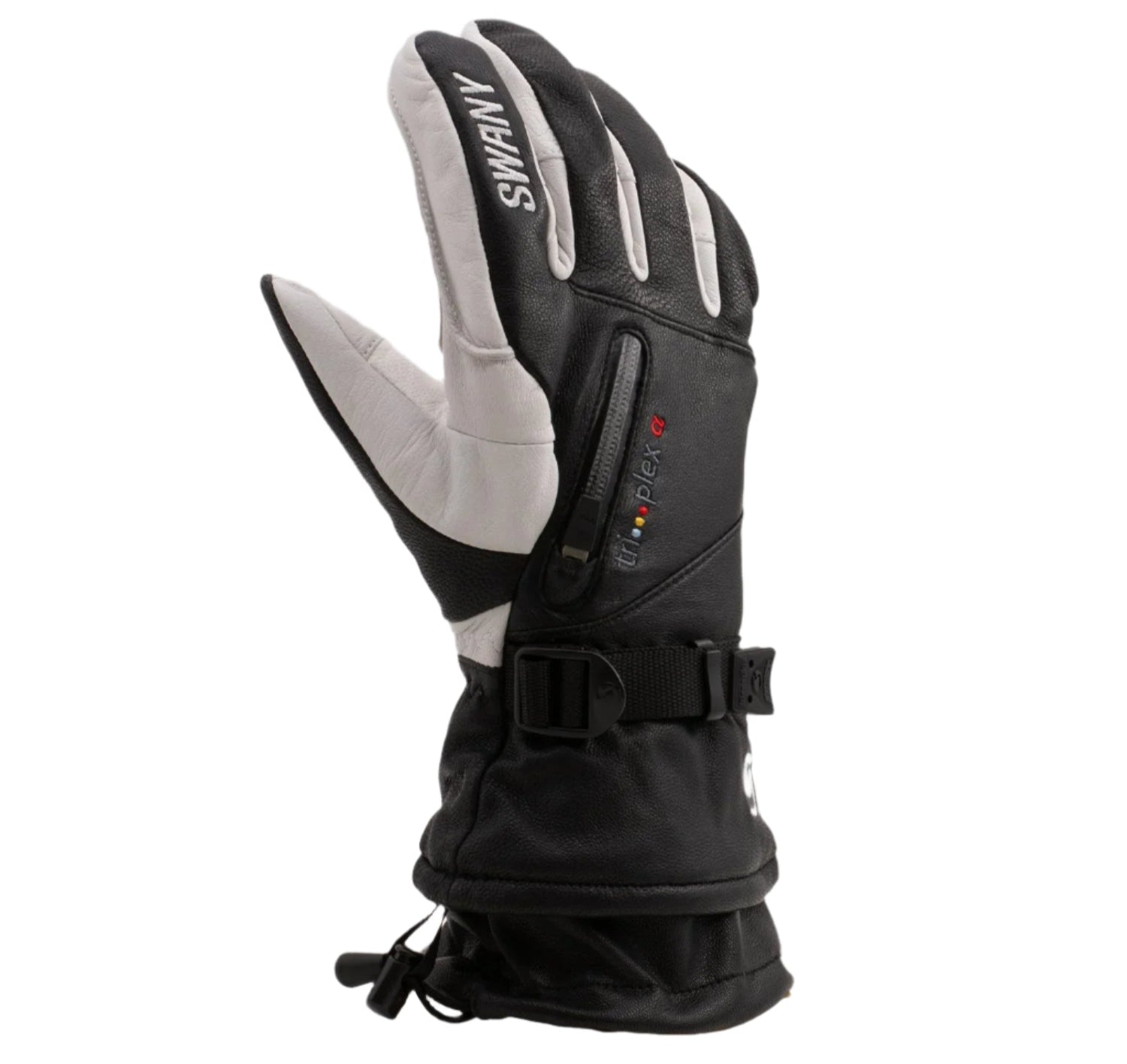 Swany Women's X-Calibur Glove 2025 - A black and white glove with a textured palm and thumb, featuring a zippered pocket on the wrist.