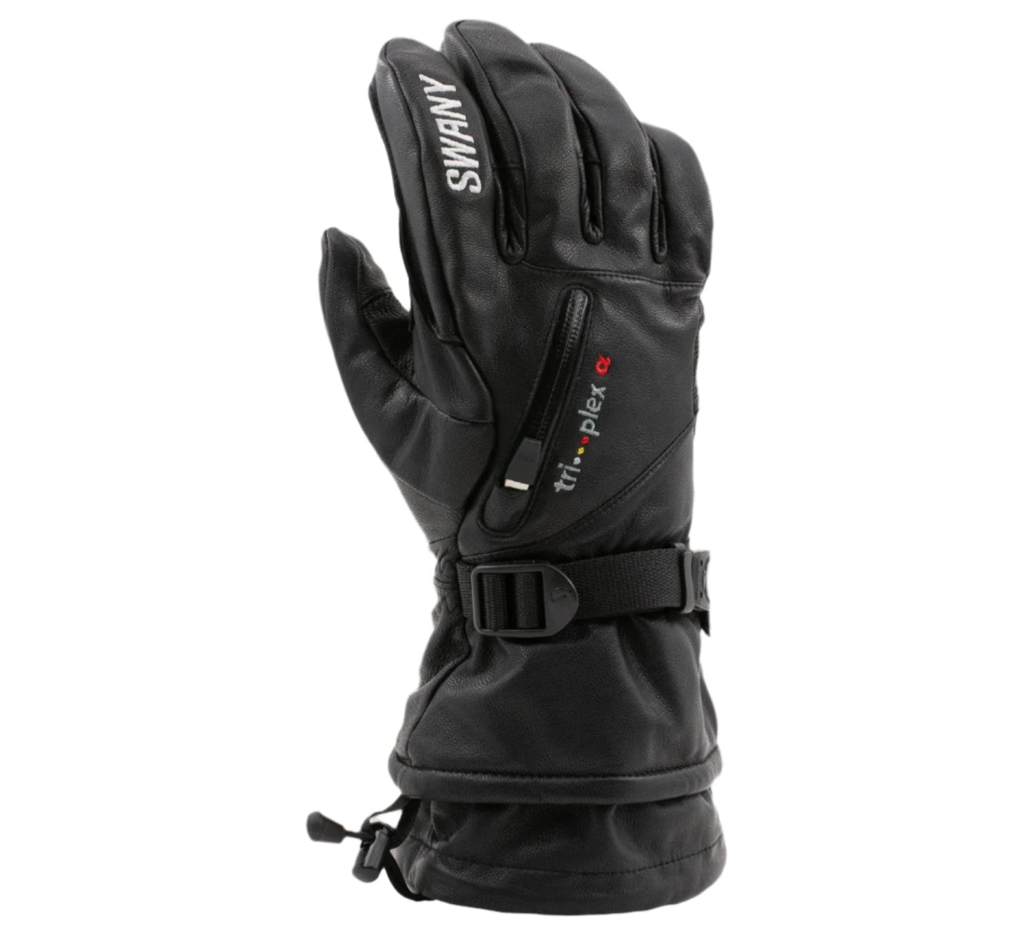 Swany Women's X-Calibur Glove 2025 - A black glove with a zippered pocket on the wrist and a strap closure.