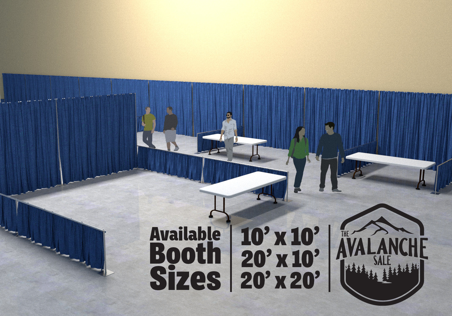 The Avalanche Sale Booth Space 2025 - A large, empty room with a gray floor and beige walls, featuring blue curtains along the back wall and several white tables in front of them.