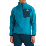 North Face Crest 1/4 Zip Pull Over - A mannequin wearing a blue-green fleece pullover with a zippered neck and chest pocket, featuring The North Face logo on the upper right side of the chest.