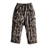 Camouflage cargo shell pants, back view with elastic waist and rear pockets