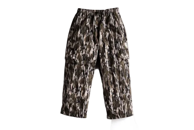 Camouflage cargo shell pants, back view with elastic waist and rear pockets