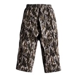Camouflage cargo shell pants, front view with elastic waist and flap thigh pockets