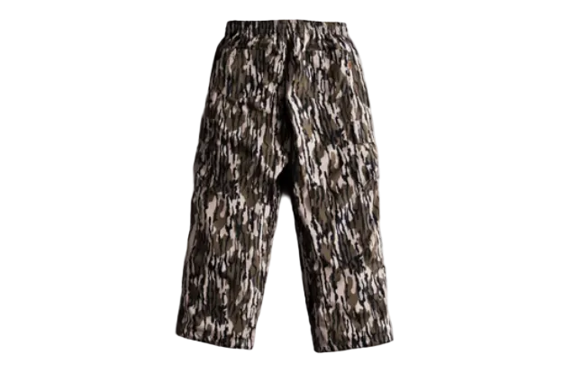 Camouflage cargo shell pants, front view with elastic waist and flap thigh pockets