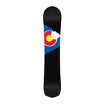 Never Summer Shapeshifter Snowboard 2025 - A black snowboard with a red, white and blue logo featuring a yellow circle in the center.