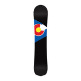 Never Summer Shapeshifter Snowboard 2025 - A black snowboard with a red, white and blue logo featuring a yellow circle in the center.