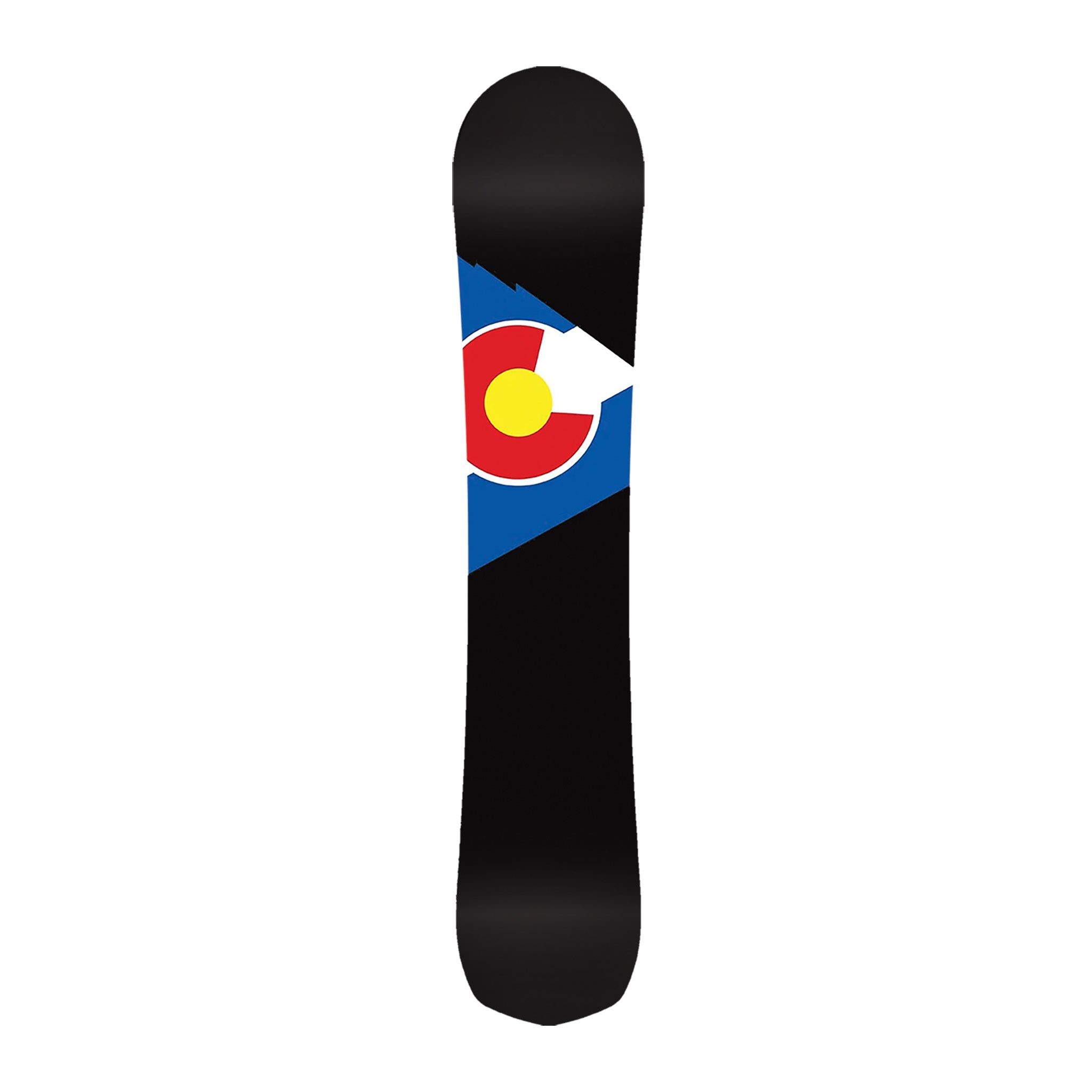 Never Summer Shapeshifter Snowboard 2025 - A black snowboard with a red, white and blue logo featuring a yellow circle in the center.