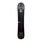 Never Summer Shapeshifter Snowboard 2025 - A black snowboard with a white eagle graphic and yellow accents.