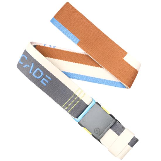 Arcade Sierra Belt 2025 - Brown belt with blue stripe on top, white bottom, and gray buckle.