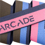 Arcade Sierra Belt Slim 2025 - A brown belt with a pink stripe in the middle and dark gray hardware.