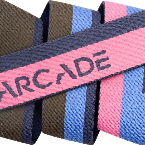 Arcade Sierra Belt Slim 2025 - A brown belt with a pink stripe in the middle and dark gray hardware.