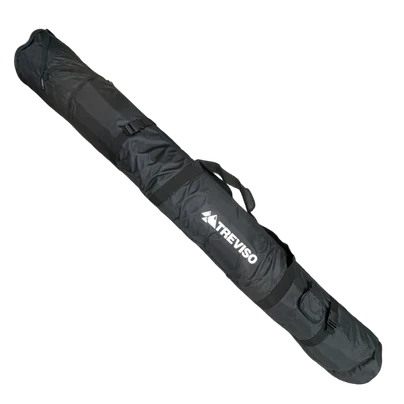 Treviso Grappler Expandable Single Ski Bag - Black bag with white logo and zipper on top, featuring a handle and strap for carrying.
