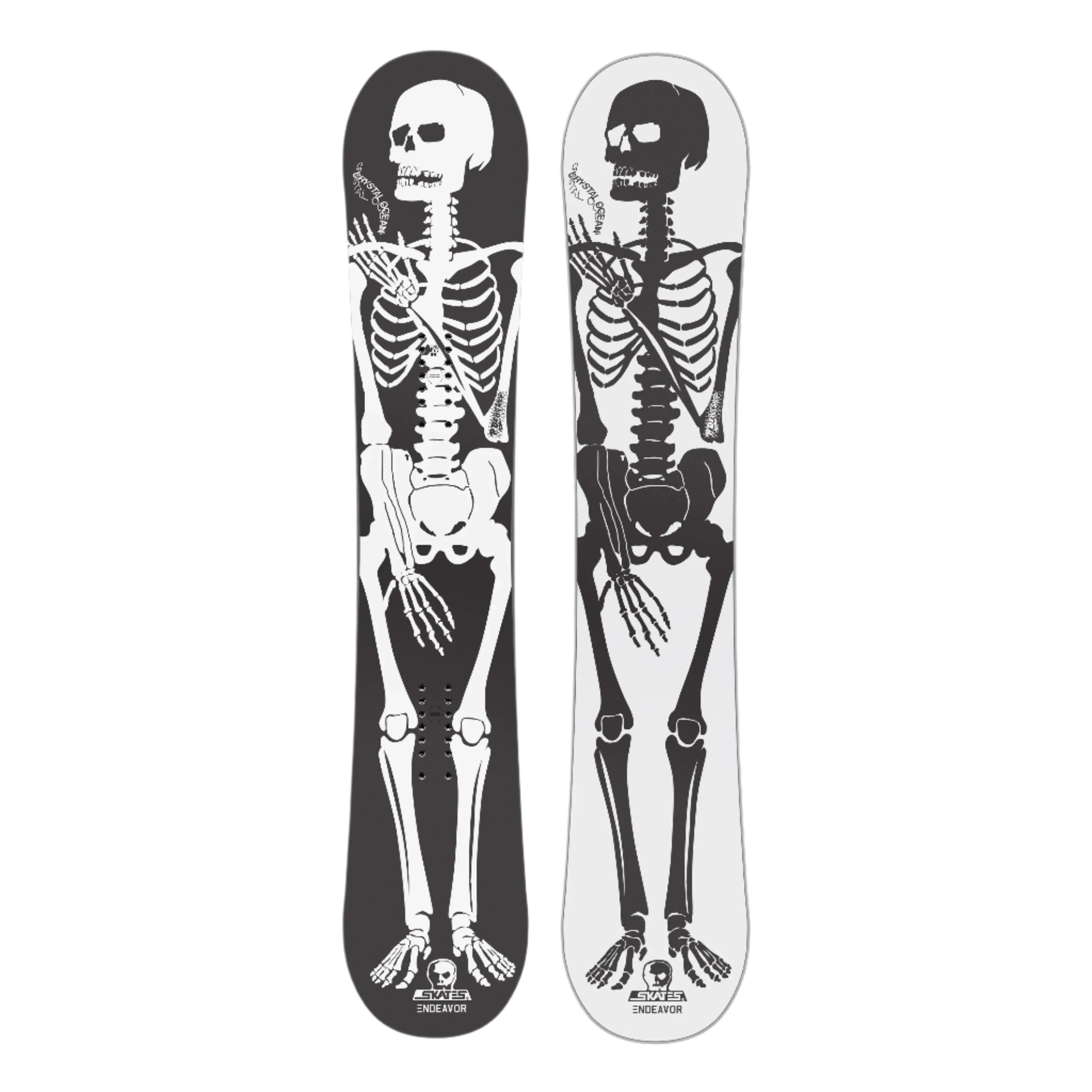 Endeavor Skull Skates Snowboard 2025 - A black snowboard with a white skull graphic on top of a mountainous landscape.